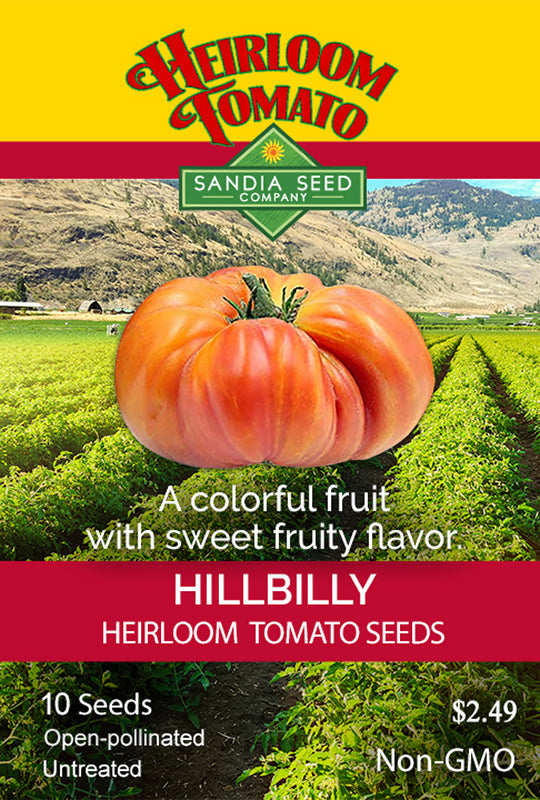 Hillbilly Heirloom Tomato Seeds by Sandia Seed Company, featuring sweet, colorful bi-color fruits. Open-pollinated and non-GMO seed pack.