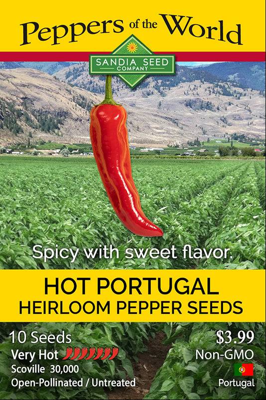 Hot Portugal Pepper Seeds - Early Maturing - Non-GMO, 65 Days; seed packet showing red pepper, product details, and lush pepper field.