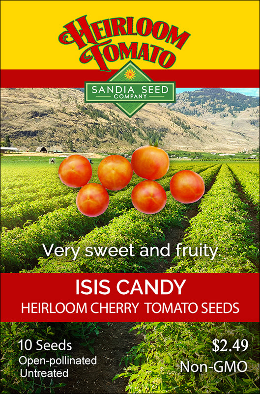 Isis Candy Tomato Seeds - Cherry Tomato Bi-color - Heirloom seed packet featuring sweet, fruity tomatoes over a lush farm field background.