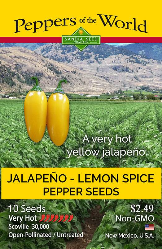 Lemon Spice Jalapeño seed packet from the Jalapeño Lover Bundle - Jalapeño Seed Deal, featuring very hot yellow peppers with 30,000 Scoville heat units.
