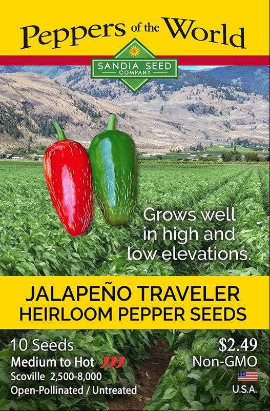Jalapeño Traveler Seeds packet from Sandia Seed Company, featuring heirloom peppers with medium heat, perfect for diverse climates and elevations.
