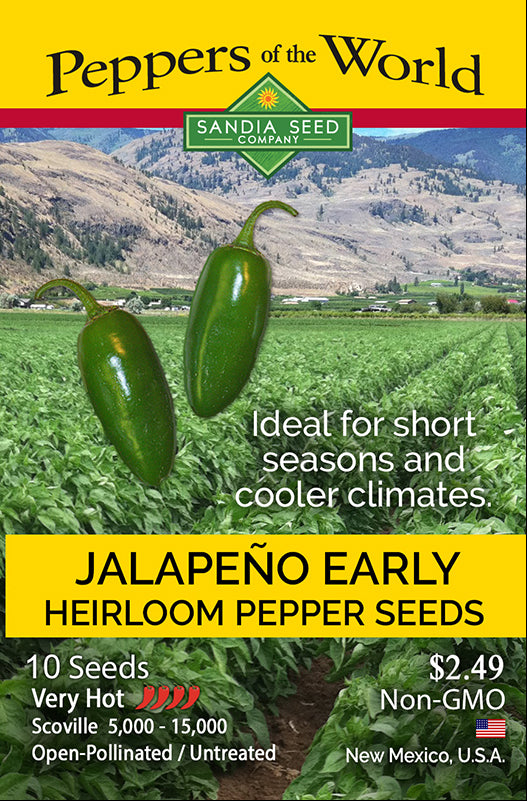 Jalapeño Early Seeds packet from Sandia Seed Company, featuring heirloom, non-GMO seeds for cool climates and short seasons.