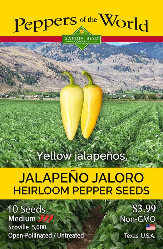 Jalapeño Jaloro Pepper Seeds packet featuring yellow jalapeños and product details, ideal for heirloom pepper seed shoppers.