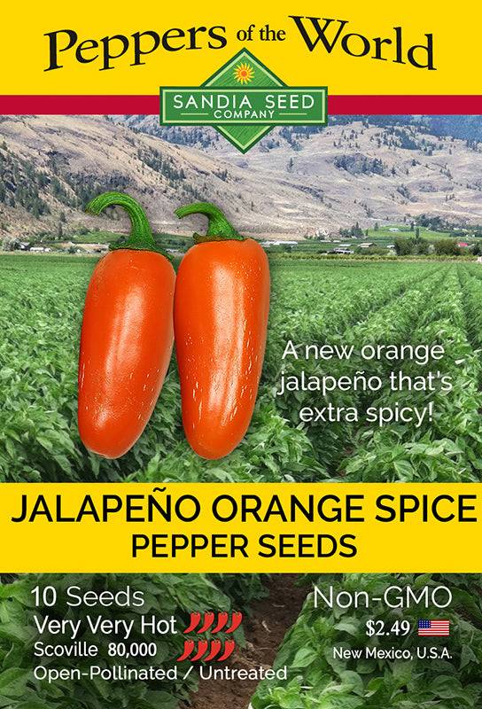 Jalapeño Orange Spice NuMex Seeds packet by Sandia Seed Company. Features hot orange peppers and highlights non-GMO, open-pollinated seeds.