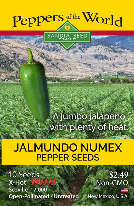 Seed packet for Jalmundo NuMex Pepper Seeds - Extra-Large Hot Jalapeños, featuring jumbo green pepper and product details for home gardeners.
