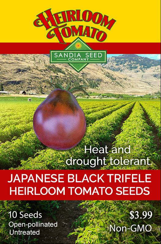Japanese Black Trifele Tomato Seeds packet by Sandia Seed Company, featuring heirloom, non-GMO, drought-tolerant tomatoes for home gardening.