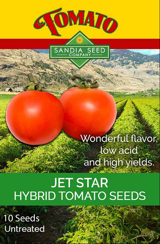 Jet Star F1 Hybrid Tomato Seeds packet by Sandia Seed Company, featuring sweet, low-acid tomatoes and high-yield plants for cool climates.