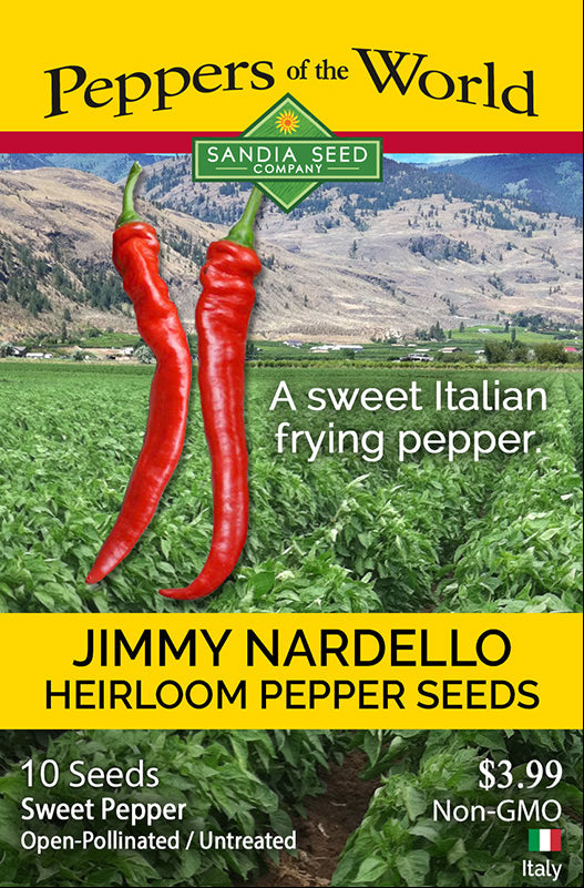 Jimmy Nardello Sweet Pepper Seeds packet from Sandia Seed Company featuring heirloom Italian peppers ideal for home gardens and sweet frying use.