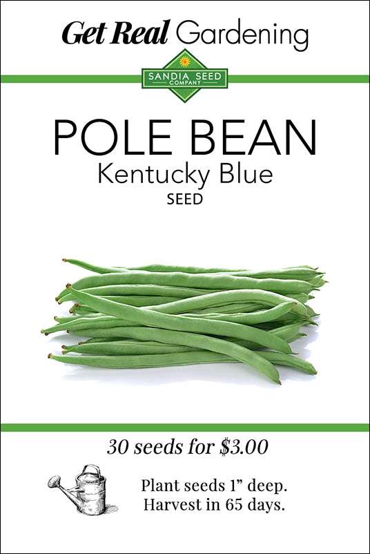 Three Sisters Garden Seeds - Companion Trio - Corn, Bean, Squash pole bean seed packet featuring Kentucky Blue variety with planting instructions.