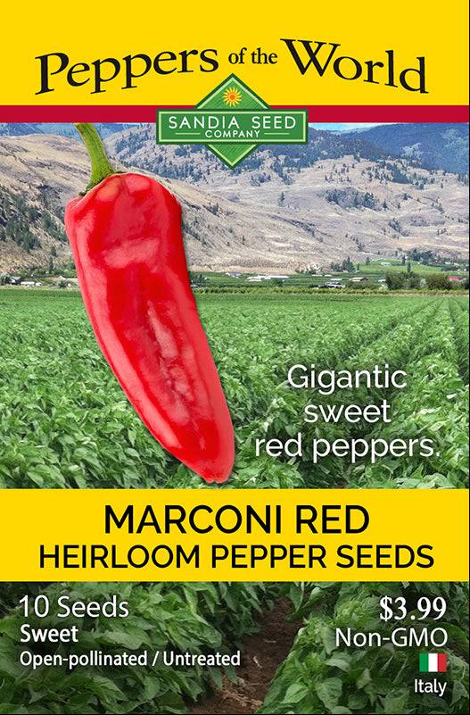 Marconi Red Sweet Pepper Seeds packet from Sandia Seed Company featuring Italian heirloom peppers, labeled non-GMO and sweet, ideal for home gardens.