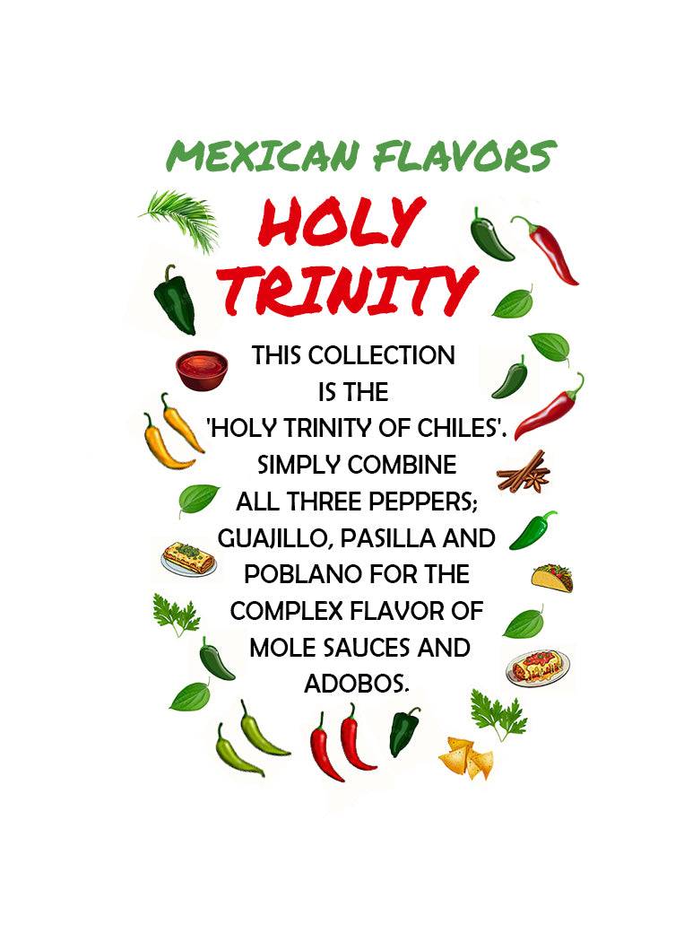 Illustrated guide for the Mexican Flavors Holy Trinity Seeds Set, highlighting Guajillo, Pasilla, and Poblano for mole and adobo recipes.