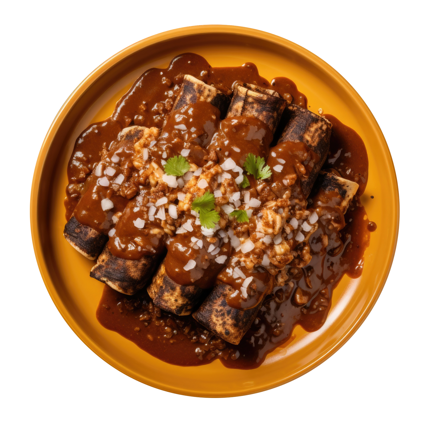 Enchiladas topped with mole sauce made from Pasilla Bajio/Chilaca chiles, garnished with onions and cilantro, showcasing their culinary use.
