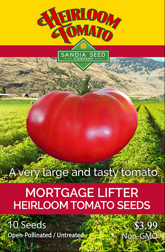 Seed packet for Mortgage Lifter Tomato Seeds - Heirloom - Huge Tasty Beefsteak, featuring a large tomato and lush farm background.