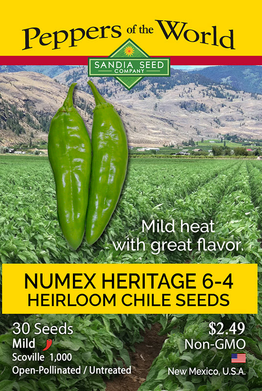 Seed packet for Heritage NuMex 6-4 Chile Seeds by Sandia Seed Company, featuring mild heat, heirloom variety, and non-GMO label.
