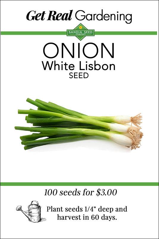 White Lisbon Onion Seed packet from Get Real Gardening, showcasing bunching onions with mild flavor. Includes 100 seeds with a 60-day harvest time.