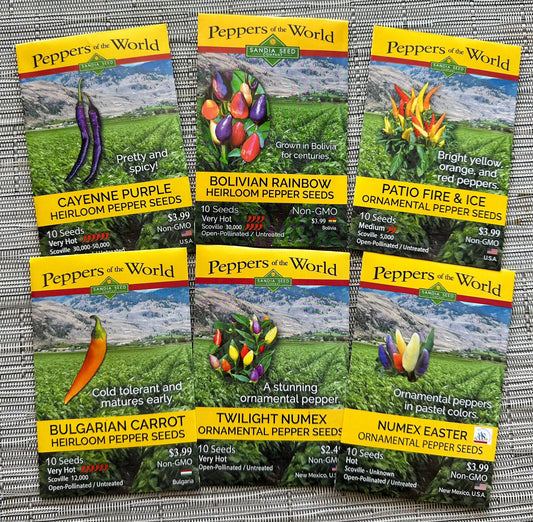 Patio Peppers 6-Pack - Ornamental Colors | Garden Decor seed bundle featuring six vibrant pepper varieties in purple, yellow, orange, and pastels.