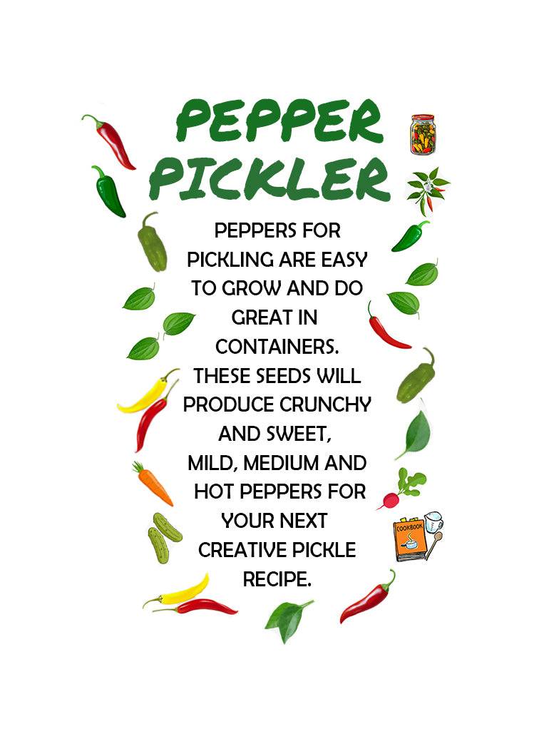 Pepper Pickler info sheet describing the 6-pack seed bundle for growing sweet, mild, and hot peppers ideal for creative pickling recipes.