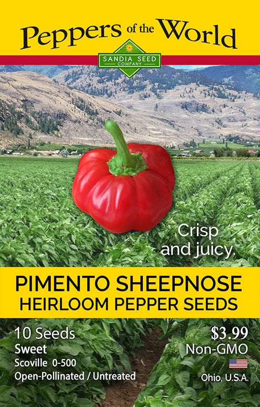 Pimento Sheepnose Heirloom Pepper Seeds packet from Sandia Seed Company, featuring sweet red pepper over a lush green farm background.