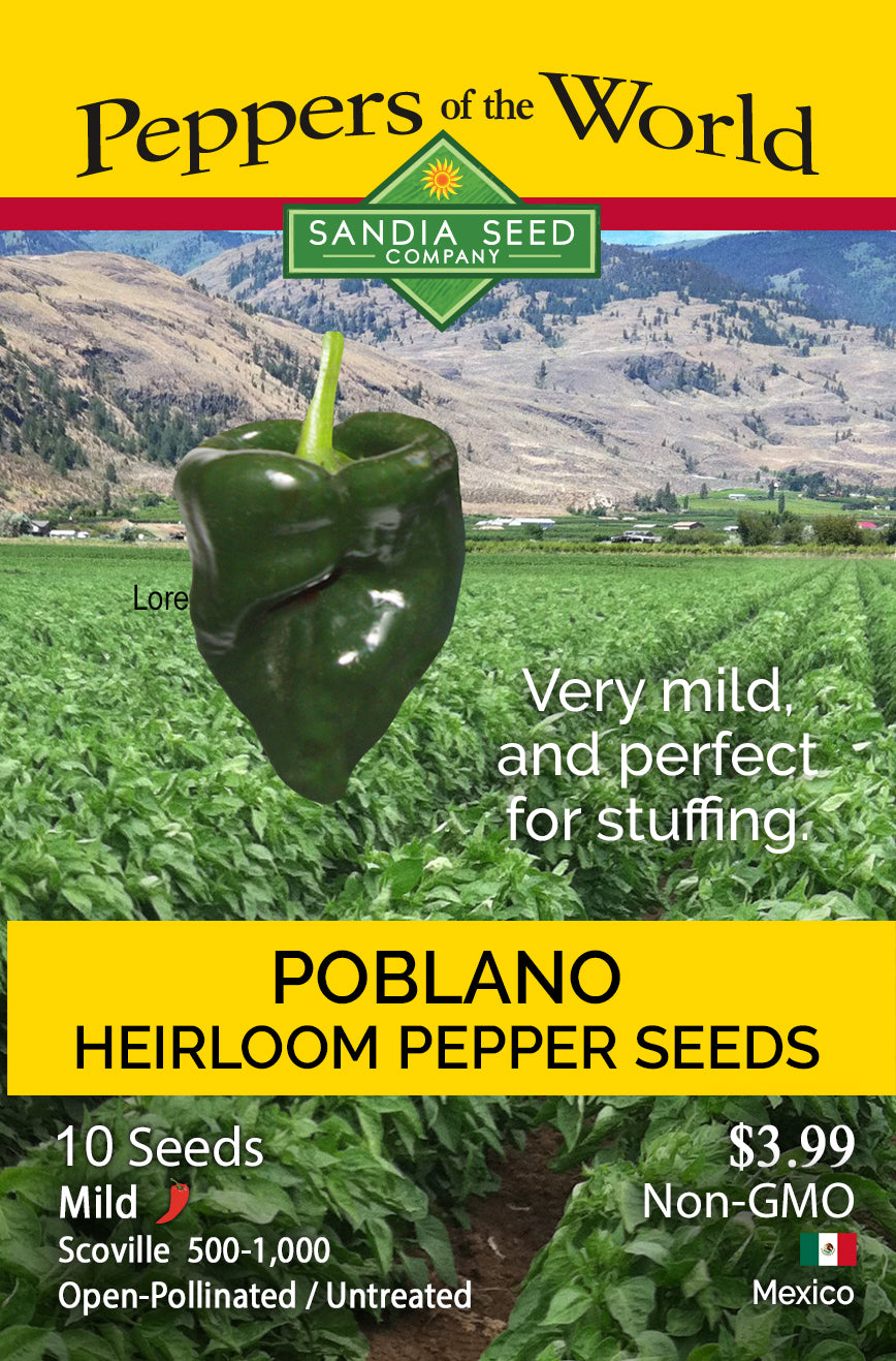 Seed packet for Poblano peppers with a green pepper image and Sandia Seed Company branding.