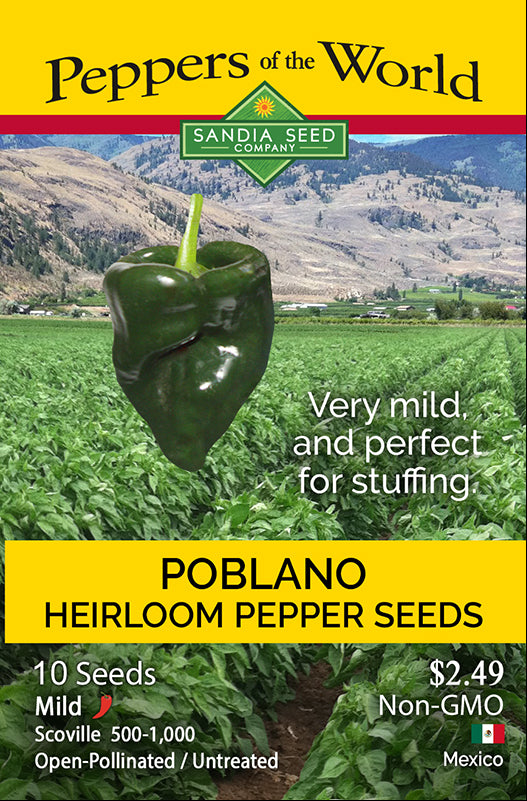 Poblano Pepper Seeds - Heirloom with Mild Heat for Stuffed Rellenos seed packet featuring a pepper and lush field background, labeled non-GMO.