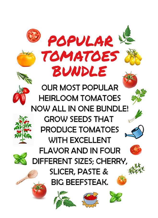 Popular Tomato Seeds Bundle promotional graphic highlighting heirloom cherry, slicer, paste, and beefsteak tomato varieties for home gardens.