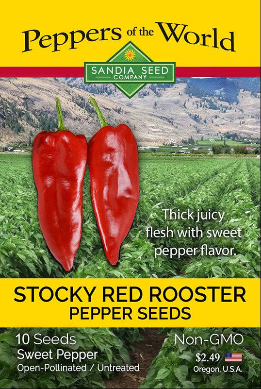 Stocky Red Roaster Pepper Seeds packet by Sandia Seed Company; features red peppers, growing field, and non-GMO, open-pollinated label.
