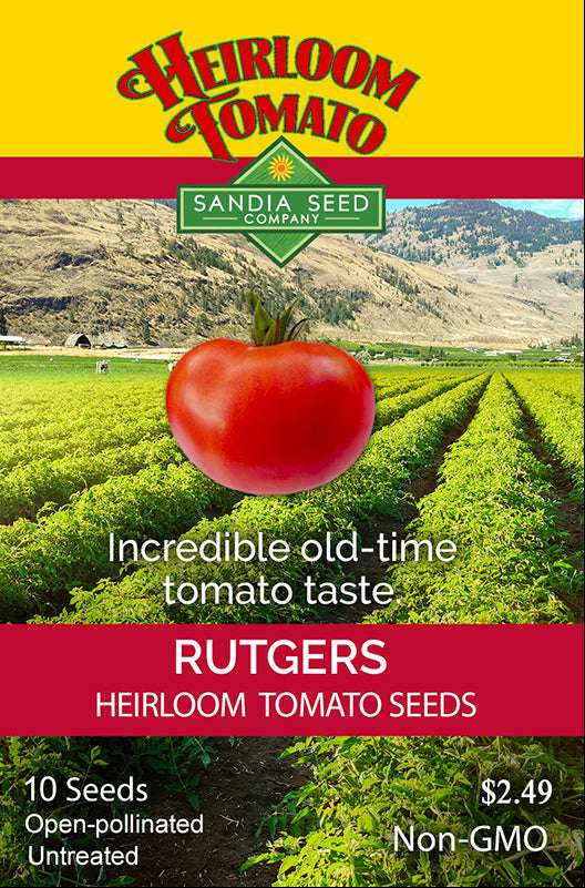 Rutgers VF Heirloom Tomato Seeds packet by Sandia Seed Company, featuring a ripe tomato and farm field, highlighting non-GMO and open-pollinated traits.