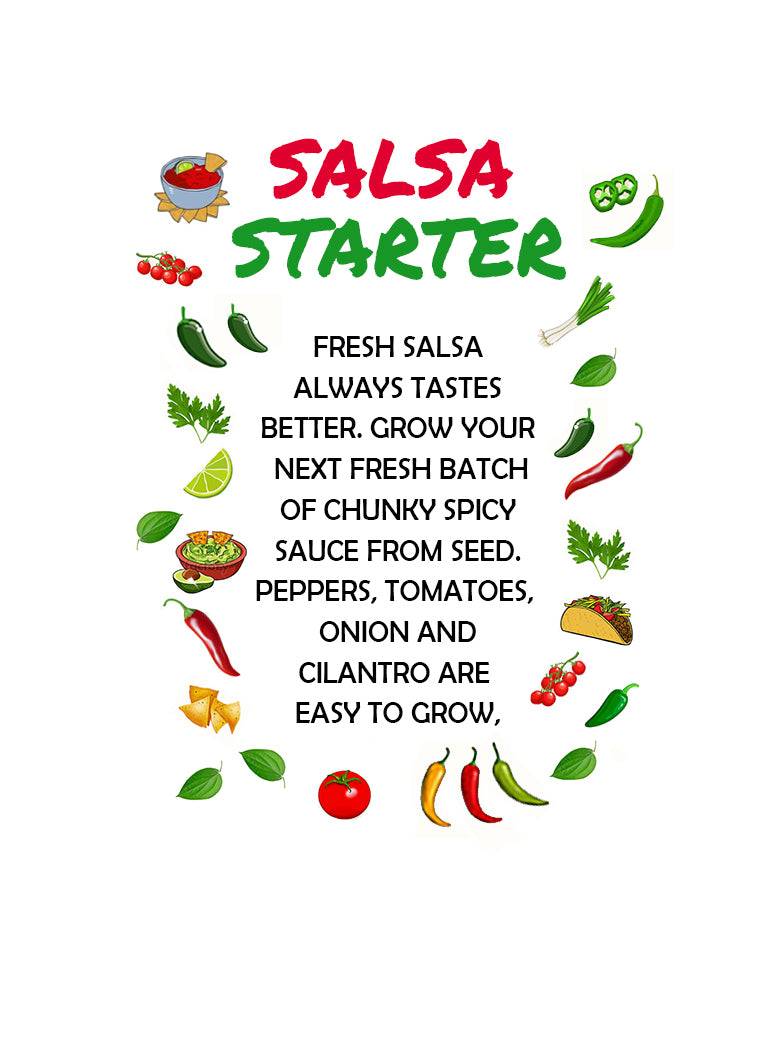 Salsa Starter promotional flyer with illustrations of tomatoes, peppers, onions, and herbs. Encourages growing fresh salsa ingredients from seed.