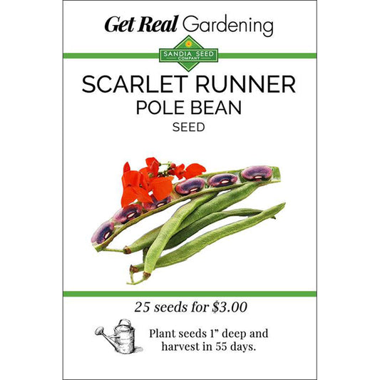 Scarlet Runner Pole Bean seed packet from Get Real Gardening, featuring red flowers and green pods with mottled purple beans.
