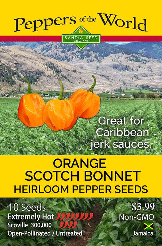 Scotch Bonnet Pepper Seeds - Hot Orange Scotch Seeds | GMO-Free seed packet featuring orange peppers, ideal for Caribbean jerk sauces.