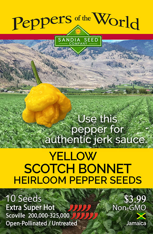 Scotch Bonnet Pepper Seeds - Yellow Heat - Extra Flavor seed packet featuring pepper image, heat level, and growing info for home garden use.