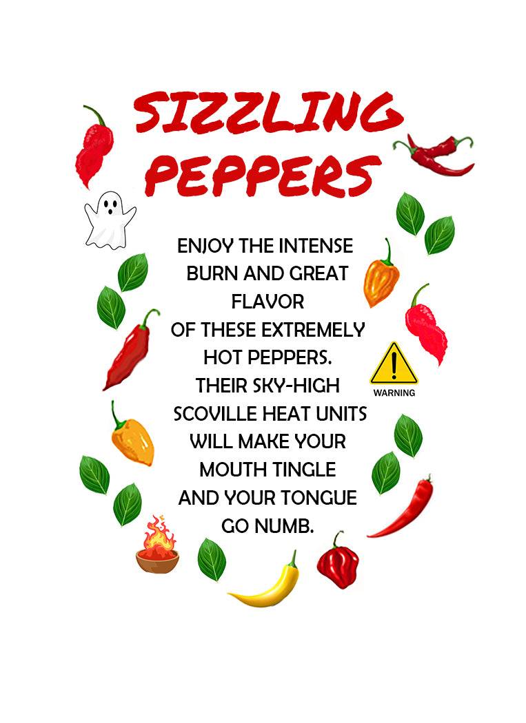 Sizzling Peppers promotional graphic highlighting extreme heat and flavor of the 6-pack seed bundle. Features pepper icons and Scoville warnings.