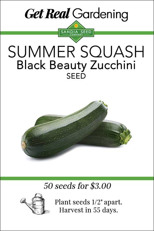 Summer Squash Black Beauty Zucchini seed packet with 50 seeds. Easy to grow warm-season vegetable, harvest in 55 days.