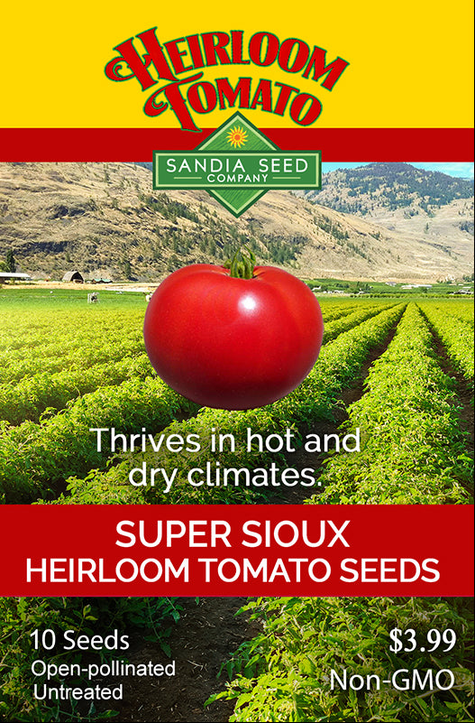 Super Sioux Heirloom Tomato Seeds packet by Sandia Seed Company, featuring a red tomato over a farm field. Thrives in hot, dry climates.
