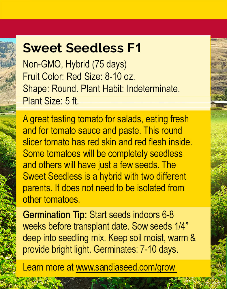 Back of Sweet Seedless F1 Tomato Seeds packet detailing germination tips, plant traits, and benefits of seedless hybrid tomatoes.