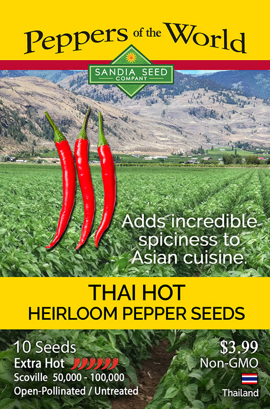 Thai Hot Heirloom Pepper Seeds packet by Sandia Seed Company, featuring red peppers and farm background, perfect for extra hot Asian recipes.
