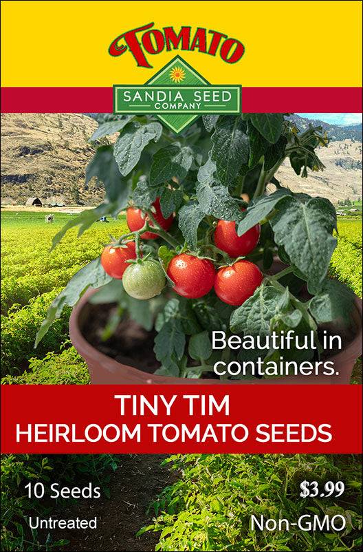Tiny Tim Tomato Seeds - Red Tomatoes, Compact Plant, High Yield; seed packet showing potted tomato plant with red fruit, labeled heirloom and non-GMO.