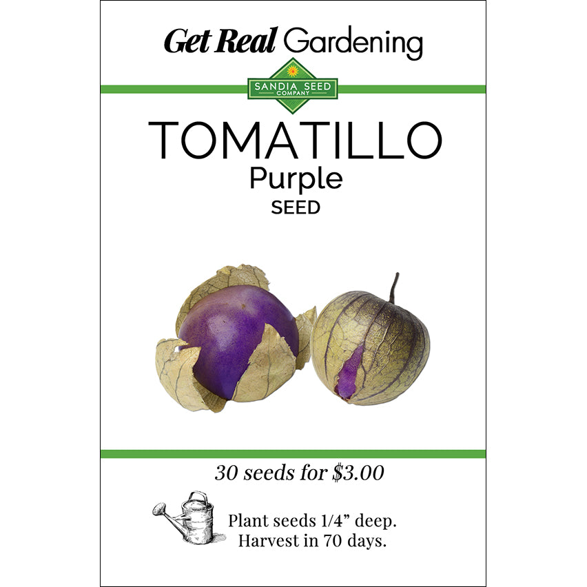 Seed packet for Purple Tomatillo Seeds - Sweet & Juicy - Bushy 20 in. Plant, featuring vibrant fruit image and planting instructions.