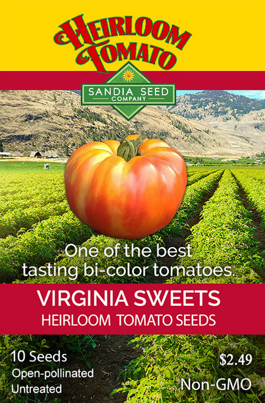 Virginia Sweets Tomato Seeds packet by Sandia Seed Company featuring a large bi-color tomato over a field, labeled heirloom, non-GMO, and open-pollinated.