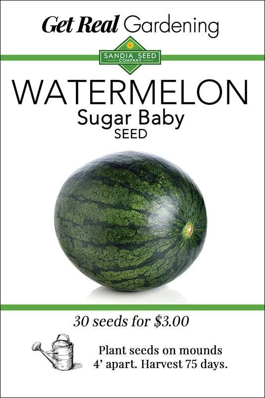 Watermelon Sugar Baby seed packet with 30 seeds, suited for warm-season planting. Grow sweet watermelons in 75 days.