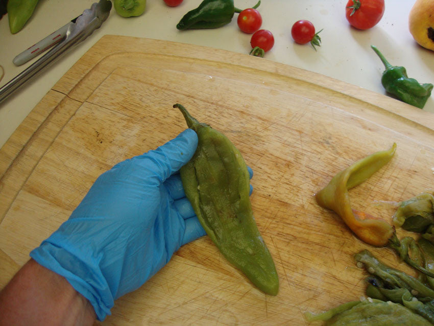 Gloved hand holding a roasted Heritage NuMex 6-4 chile on a cutting board, ready for peeling and preparation in recipes.