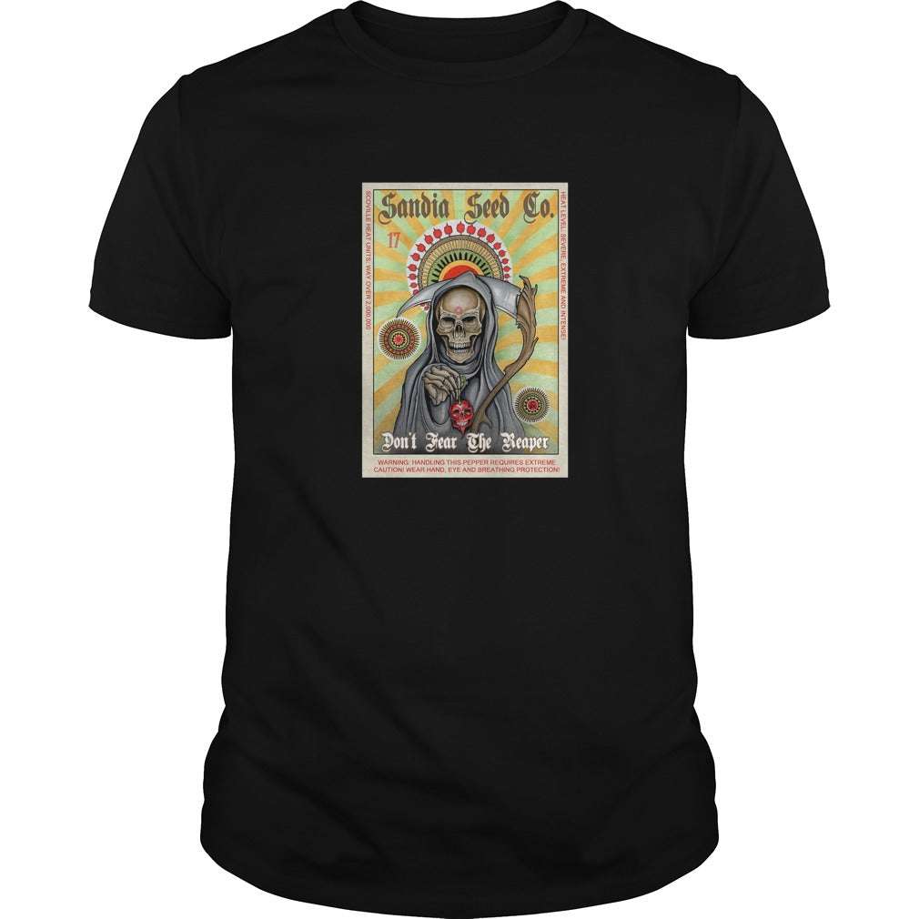 Front view of Don't Fear the Reaper T-Shirt in black with detailed grim reaper and pepper design. Unisex fit for hot pepper fans.