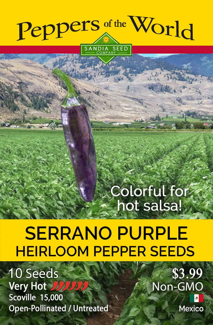 Serrano Purple Pepper Seeds packet featuring a vibrant purple pepper over a lush pepper field, labeled heirloom, non-GMO, and very hot at 15,000 Scoville.
