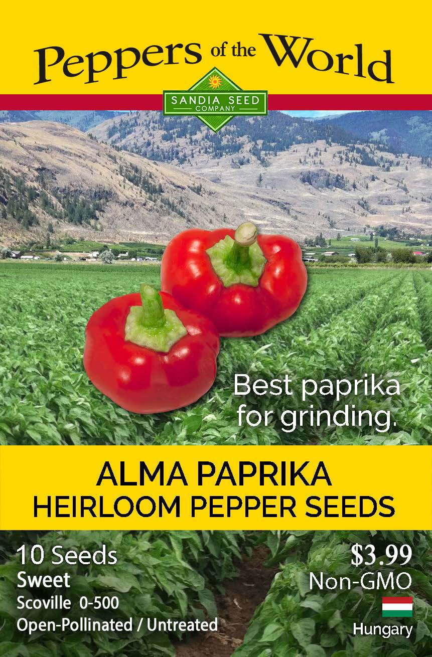 Alma Paprika Pepper Seeds packet from Sandia Seed Company, featuring sweet heirloom peppers for grinding paprika. Non-GMO and open-pollinated.