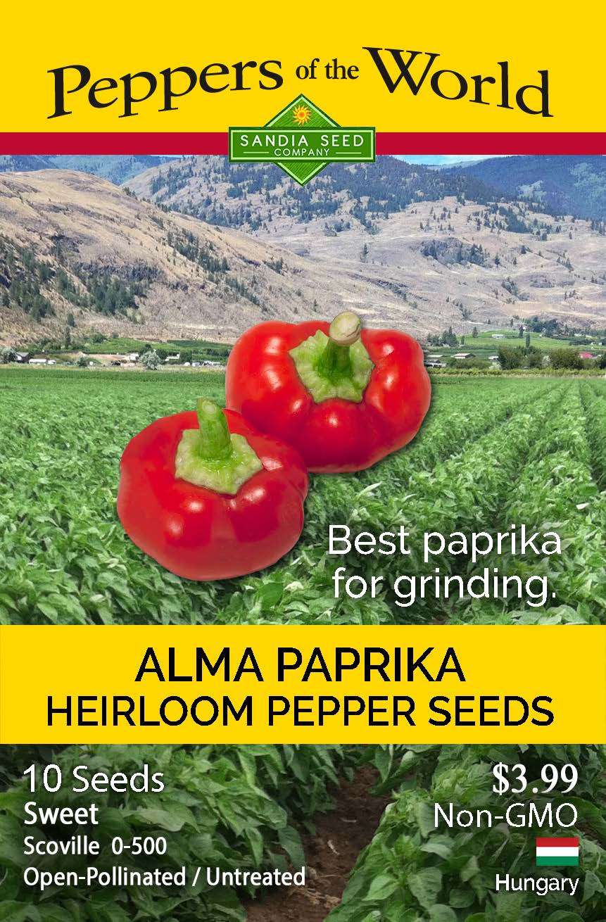 Alma Paprika Pepper Seeds packet from Sandia Seed Company, featuring sweet heirloom peppers for grinding paprika. Non-GMO and open-pollinated.