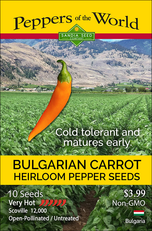 Bulgarian Carrot Pepper Seeds - Very Hot Peppers - Heirloom- seed packet with pepper image and product details, ideal for home gardeners and seed collectors.
