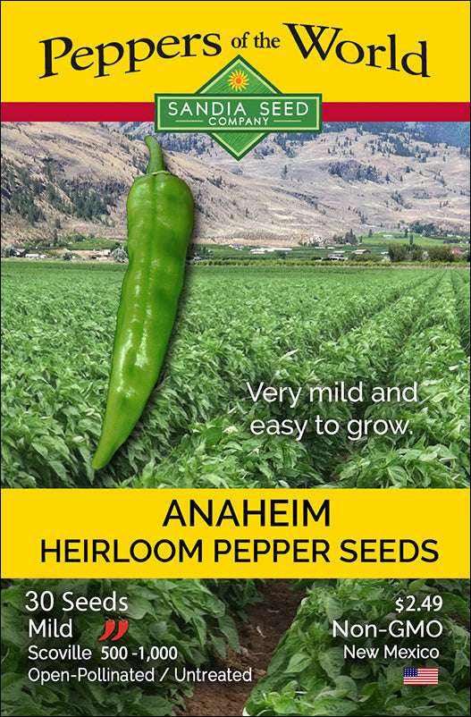 Seed packet featuring an image of a green Anaheim pepper growing in a field, with text highlighting mild flavor and easy cultivation