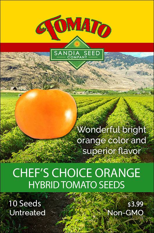 Seed packet for Chef's Choice Orange F1 Tomato Seeds by Sandia Seed Company, featuring bright orange tomato and lush farm background.