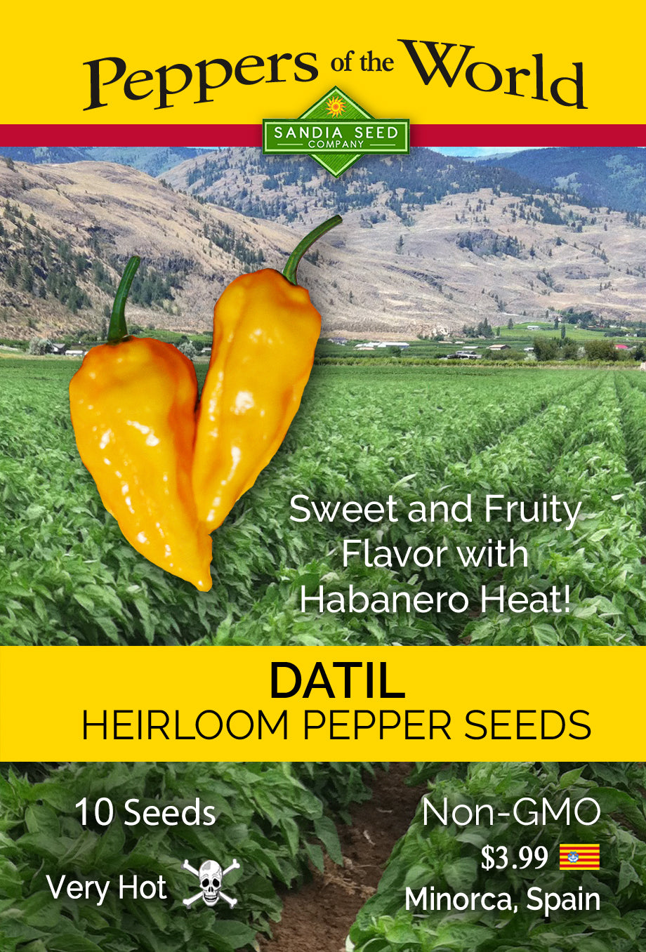 Datil Pepper Seeds packaging featuring vibrant yellow peppers and product info, highlighting the hot, fruity heirloom variety from Minorca, Spain.