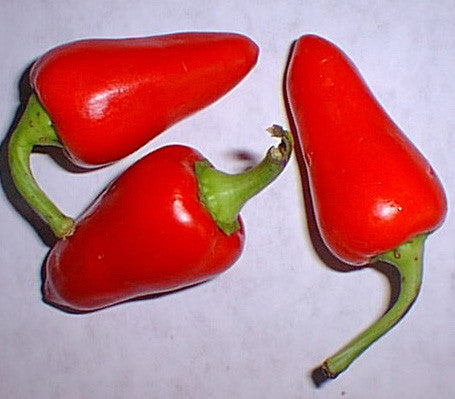 Three ripe Fresno peppers with vibrant red color and green stems, perfect for pickling or adding medium heat to meals.